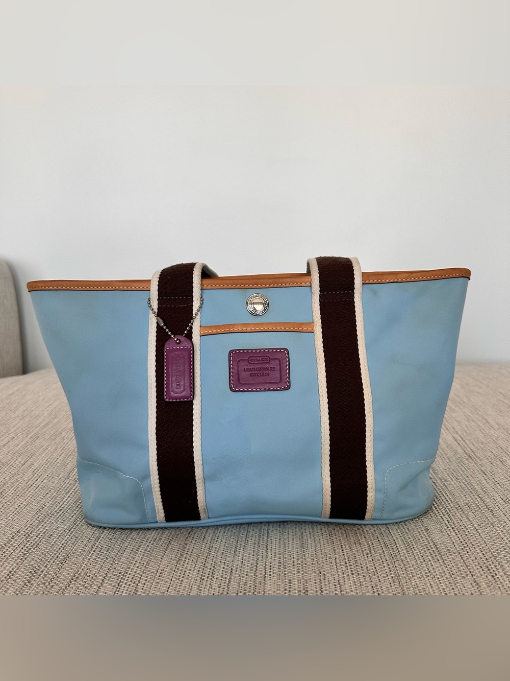 Vintage Coach Light Blue Nylon Tote with Brown Straps and Purple Tag